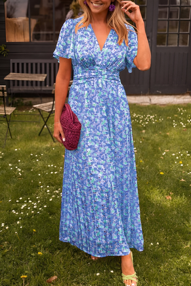 Sommerkleid Damen | Langes Kleid Mit V Ausschnitt-Blau-S-Orthomode.de