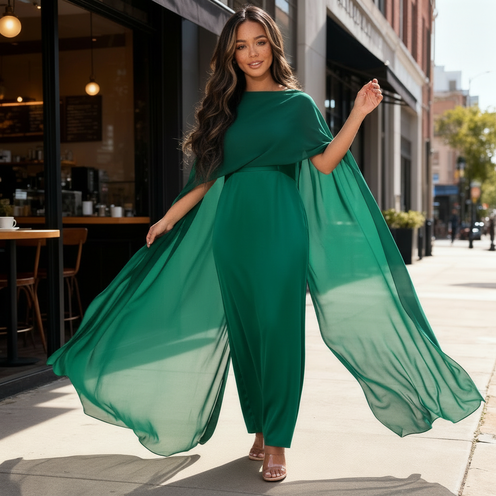 Kleid Hochzeitsgast Damen | Langes Festkleid Mit Fließender Silhouette-Grün-S-Orthomode.de