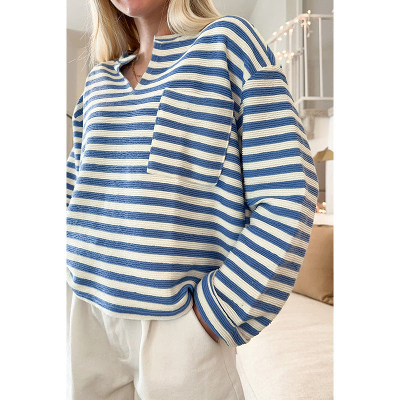 Gestreifte Bluse Mit V-Ausschnitt Für Damen | Mit Brusttasche