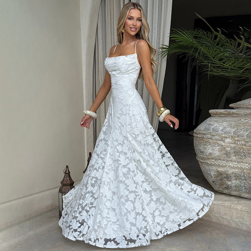 Damen Langes Abendkleid | Florale Struktur Und Spaghettiträger-Weiß-S-Orthomode.de