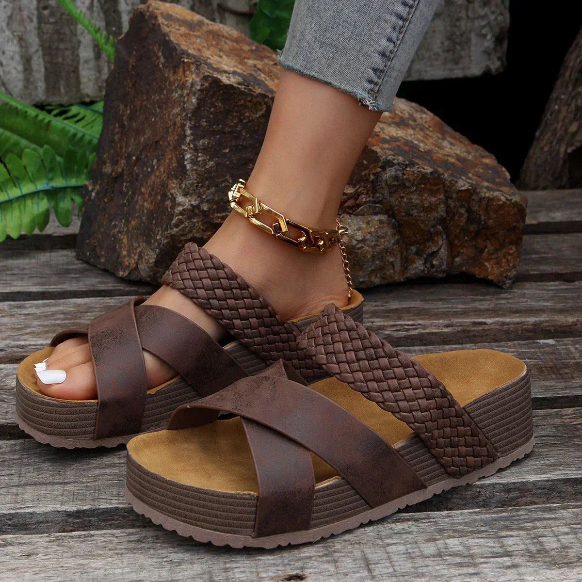 Sandalen Damen Bequemes | Plattform Mit Kreuzriemen-Braun-35-Orthomode.de