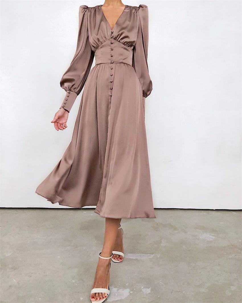 Damen Elegantes Kleid | Langer Schnitt Mit Puffärmel-Khaki-S-Orthomode.de