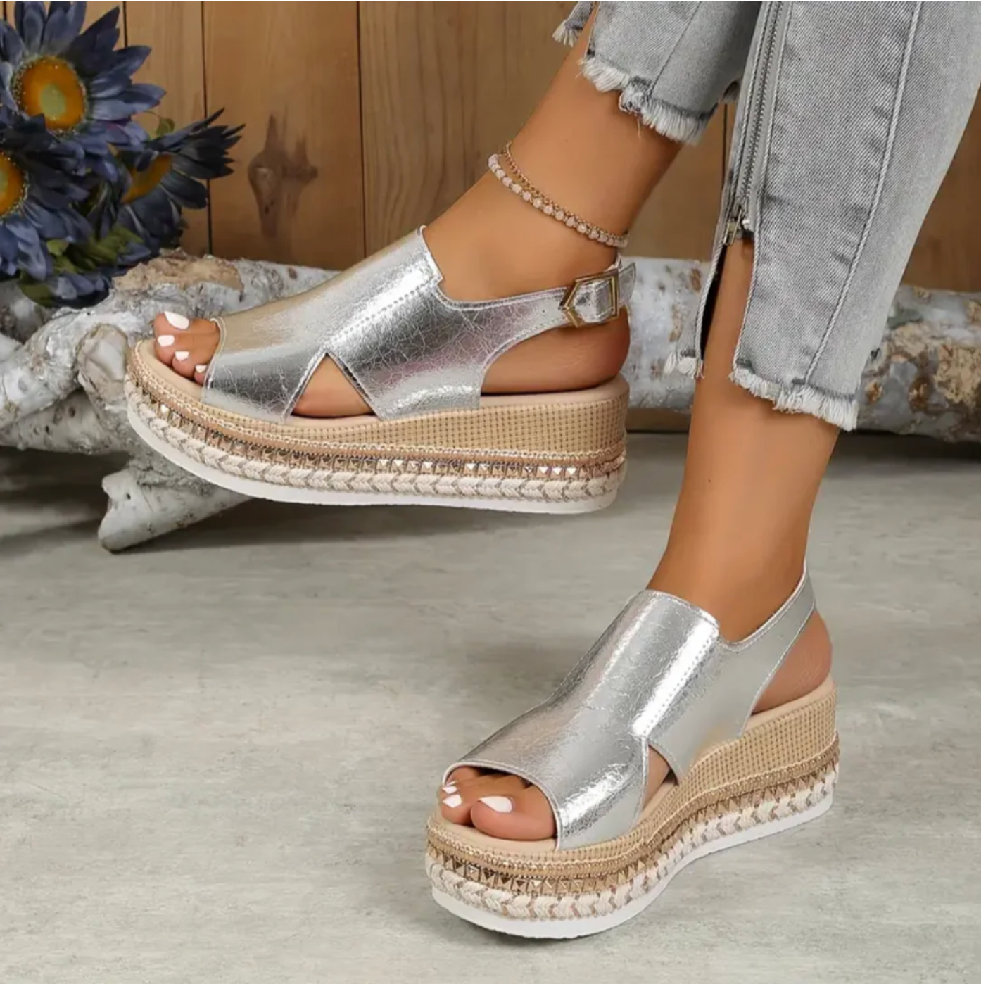 Sandalen Damen Orthopädische | Keilabsatz Mit Riemen-Silber-36-Orthomode.de