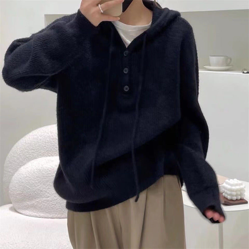 Henley-Kapuzenpullover Aus Strick Für Damen | Locker Geschnitten