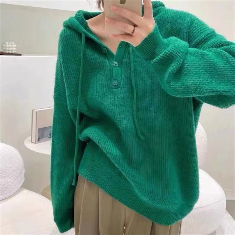 Henley-Kapuzenpullover Aus Strick Für Damen | Locker Geschnitten