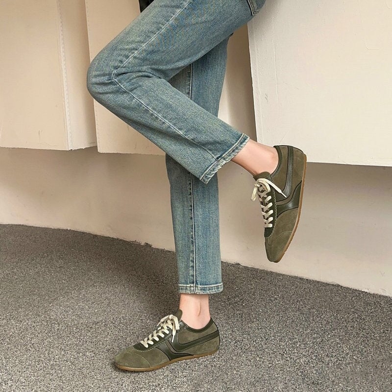 Damen Plateau Sneaker | Schnürschuhe Flache Sohle Alltag-Olivgrün-35.5-Orthomode.de