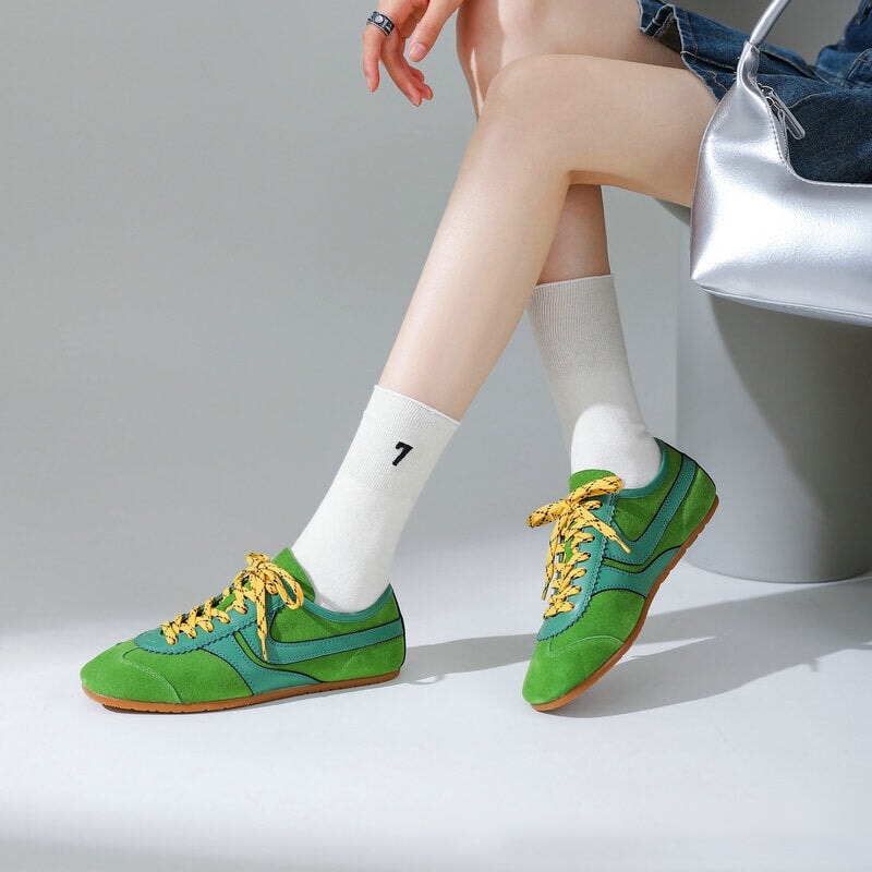 Damen Plateau Sneaker | Schnürschuhe Flache Sohle Alltag-Grün-35.5-Orthomode.de