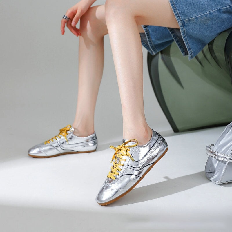 Damen Plateau Sneaker | Schnürschuhe Flache Sohle Alltag-Silber-35.5-Orthomode.de