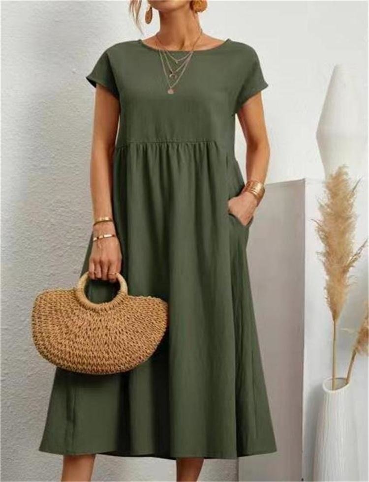 Damen Sommerkleid | Midikleid Kurzarm Mit Taschen-Dunkelgrün-S-Orthomode.de