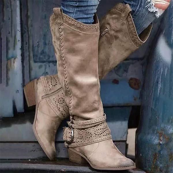 Damen Cowboystiefel Mit Blockabsatz | Dekorative Schnalle