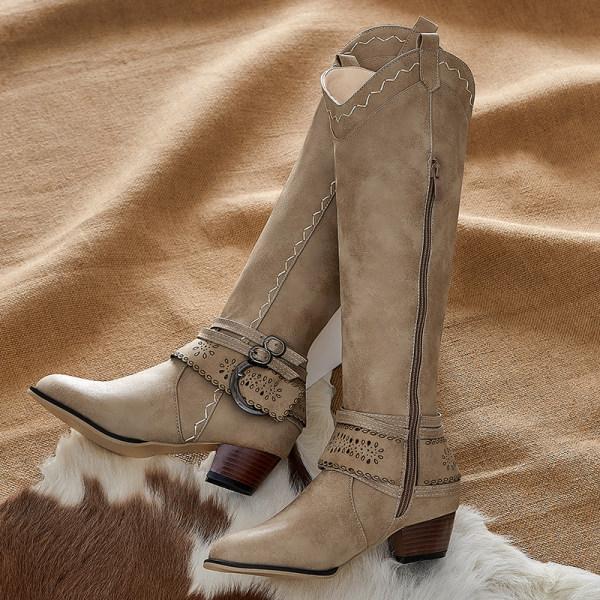 Damen Cowboystiefel Mit Blockabsatz | Dekorative Schnalle