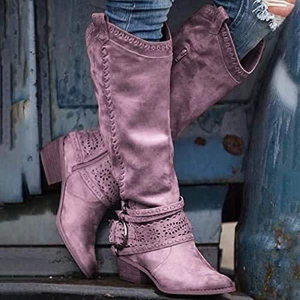 Damen Cowboystiefel Mit Blockabsatz | Dekorative Schnalle