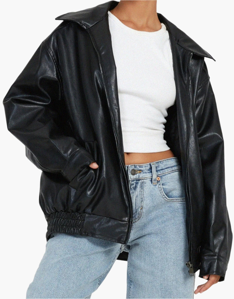 Übergroße Lederjacke Mit Langen Ärmeln Für Damen | Herbst