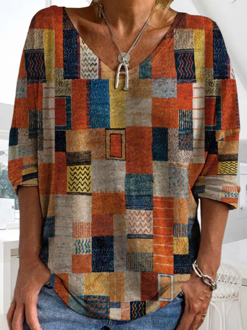 Blockdruck V-ausschnitt Bluse Für Frauen | Oversize