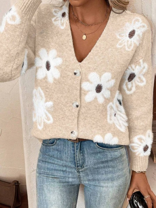 Damen-Strickjacke Mit V-Ausschnitt Und Blumen | Lange Ärmel