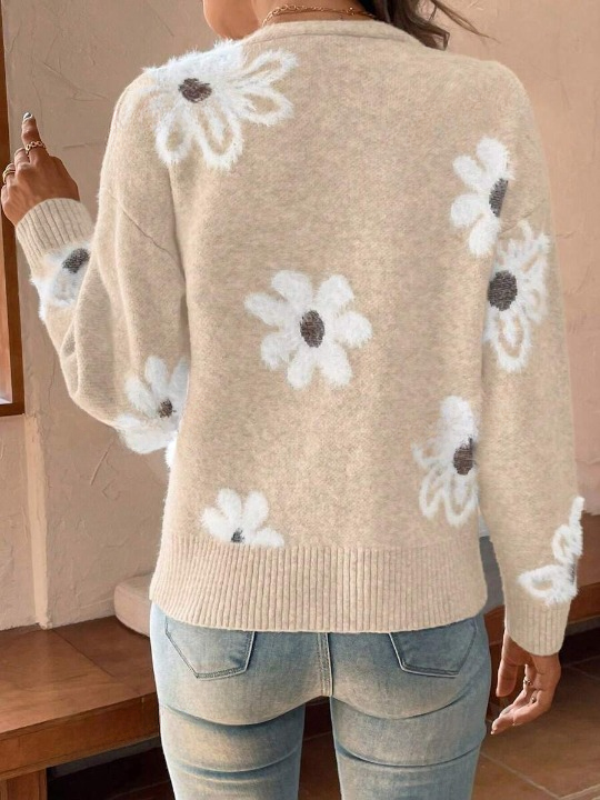 Damen-Strickjacke Mit V-Ausschnitt Und Blumen | Lange Ärmel