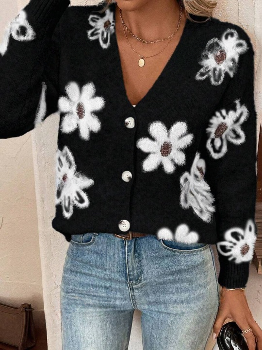 Damen-Strickjacke Mit V-Ausschnitt Und Blumen | Lange Ärmel
