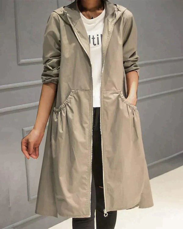 Lange Regenjacke Mit Reißverschluss Für Frauen | Kapuze