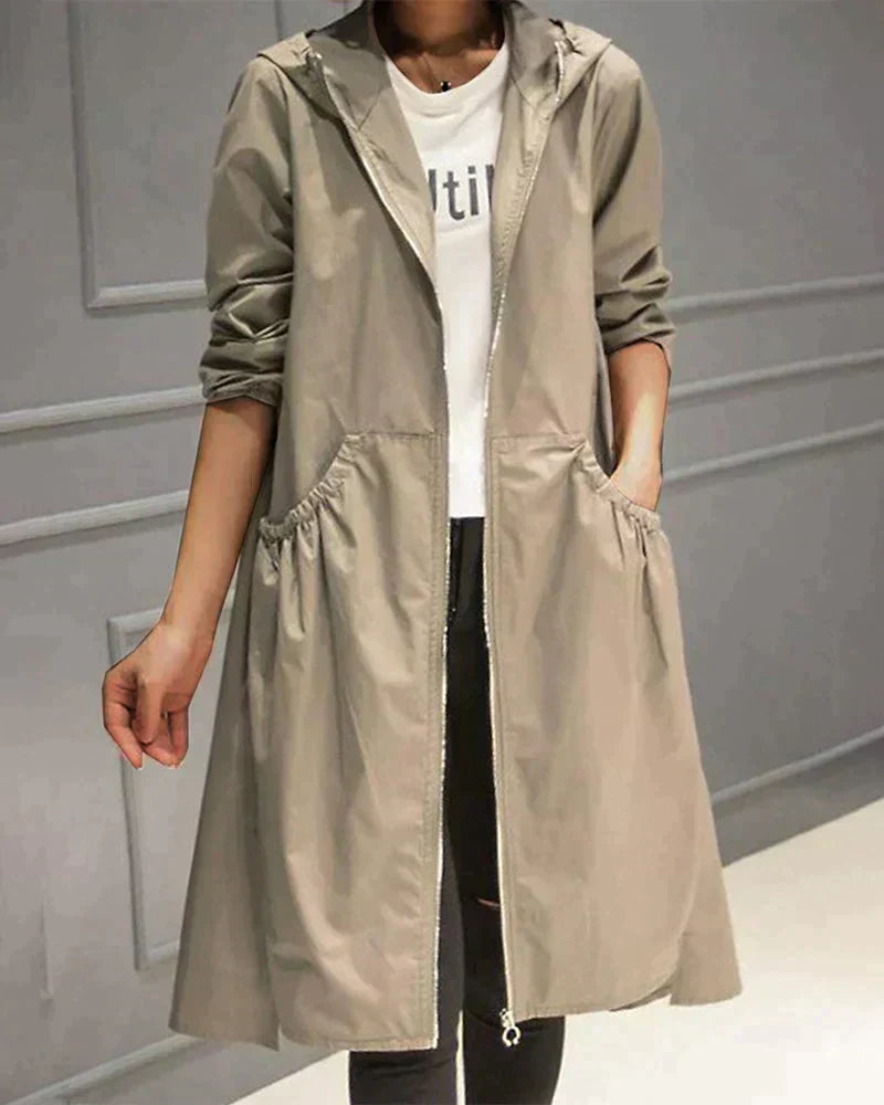 Lange Regenjacke Mit Reißverschluss Für Frauen | Kapuze