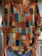 Blockdruck V-ausschnitt Bluse Für Frauen | Oversize
