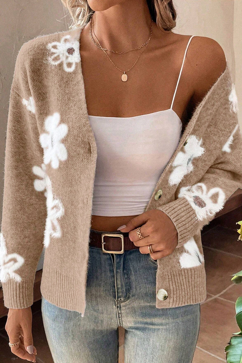 Damen-Strickjacke Mit V-Ausschnitt Und Blumen | Lange Ärmel