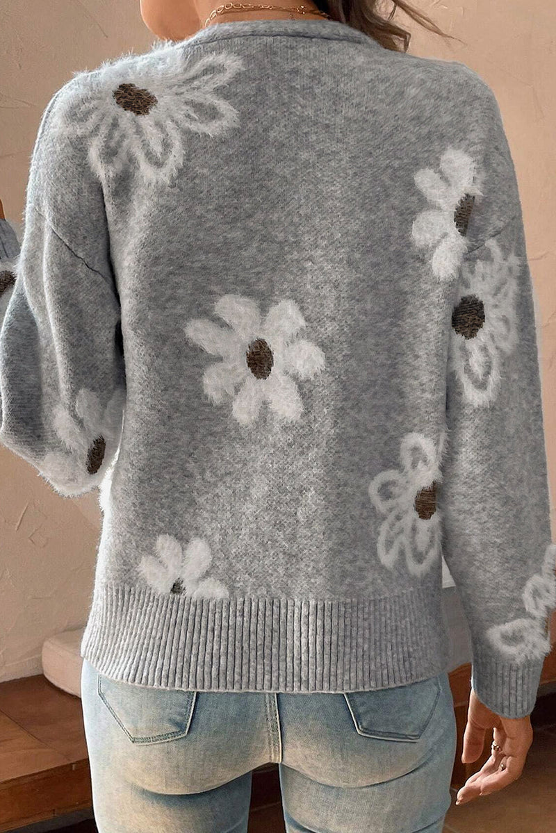 Damen-Strickjacke Mit V-Ausschnitt Und Blumen | Lange Ärmel