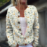 Stylische Damen-Strickjacke Mit Blumendruck | Knopfverschluss