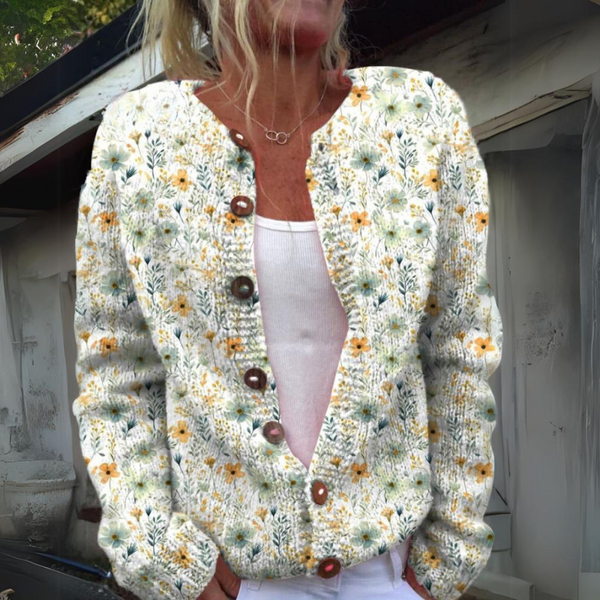 Stylische Damen-Strickjacke Mit Blumendruck | Knopfverschluss