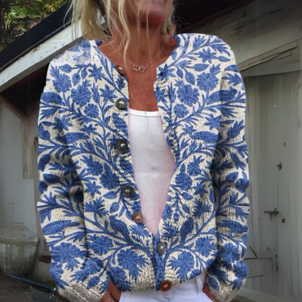 Stylische Damen-Strickjacke Mit Blumendruck | Knopfverschluss