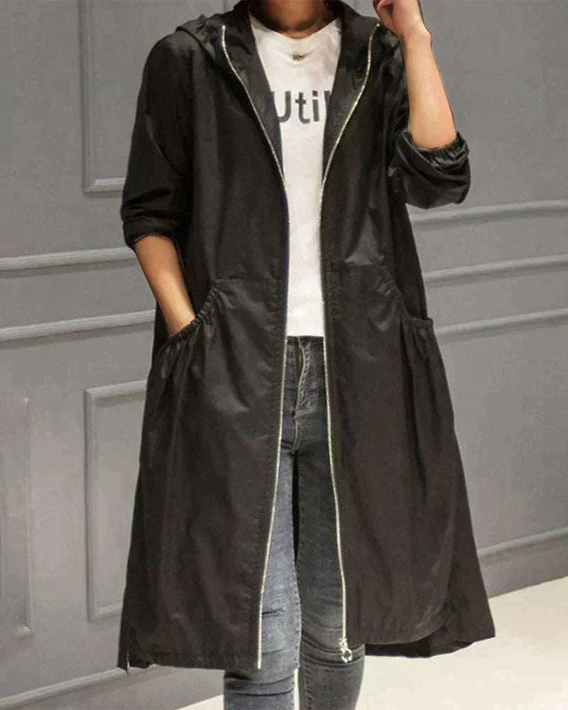Lange Regenjacke Mit Reißverschluss Für Frauen | Kapuze