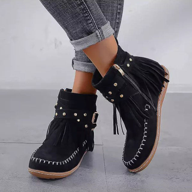 Damen Stiefeletten Mit Fransen | Schnalle Und Reißverschluss