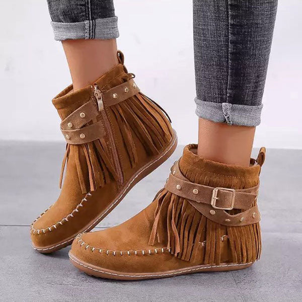 Damen Stiefeletten Mit Fransen | Schnalle Und Reißverschluss