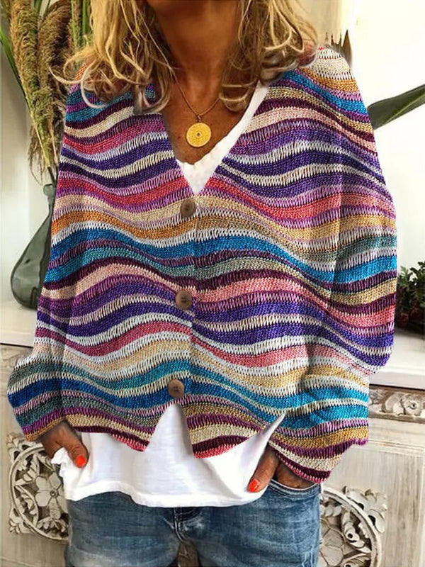 Lässiger Damen-Cardigan Mit Bunten Streifen | V-Ausschnitt