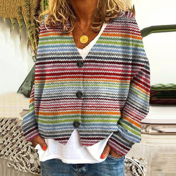 Lässiger Damen-Cardigan Mit Bunten Streifen | V-Ausschnitt