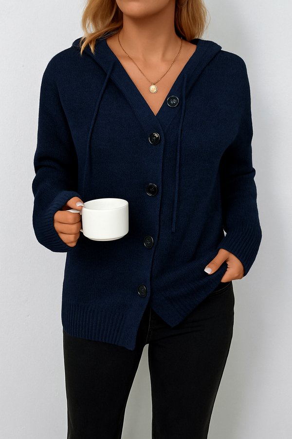 Lässiger Damen-Cardigan Mit Kapuze Und Langen Ärmeln | Knopfverschluss