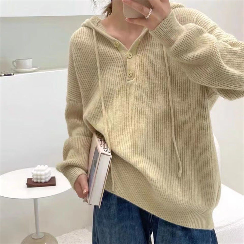 Henley-Kapuzenpullover Aus Strick Für Damen | Locker Geschnitten