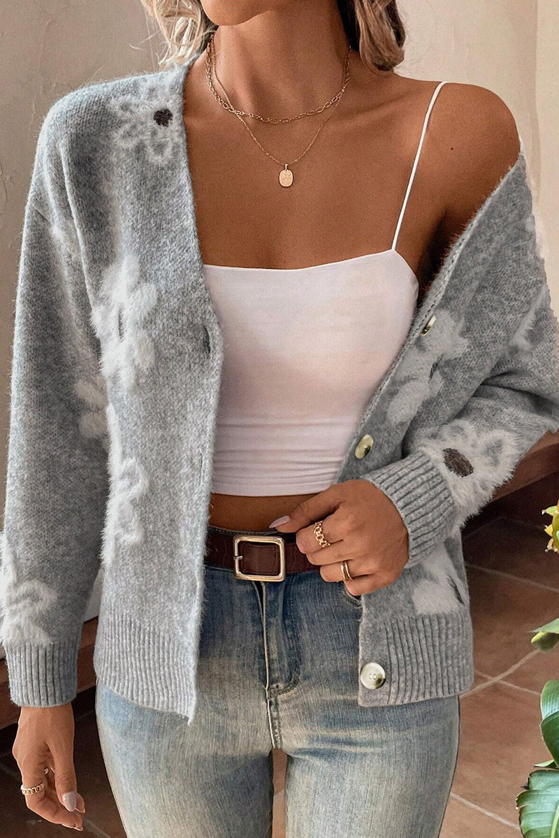 Damen-Strickjacke Mit V-Ausschnitt Und Blumen | Lange Ärmel