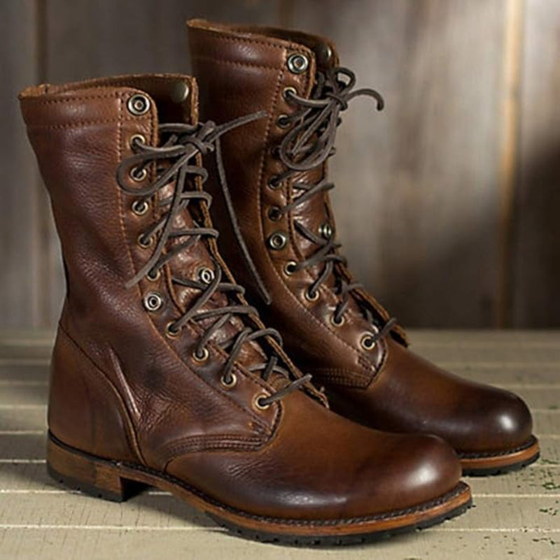 Strapazierfähige Herrenstiefel Aus Leder Im Biker-stil | Schnürstiefel