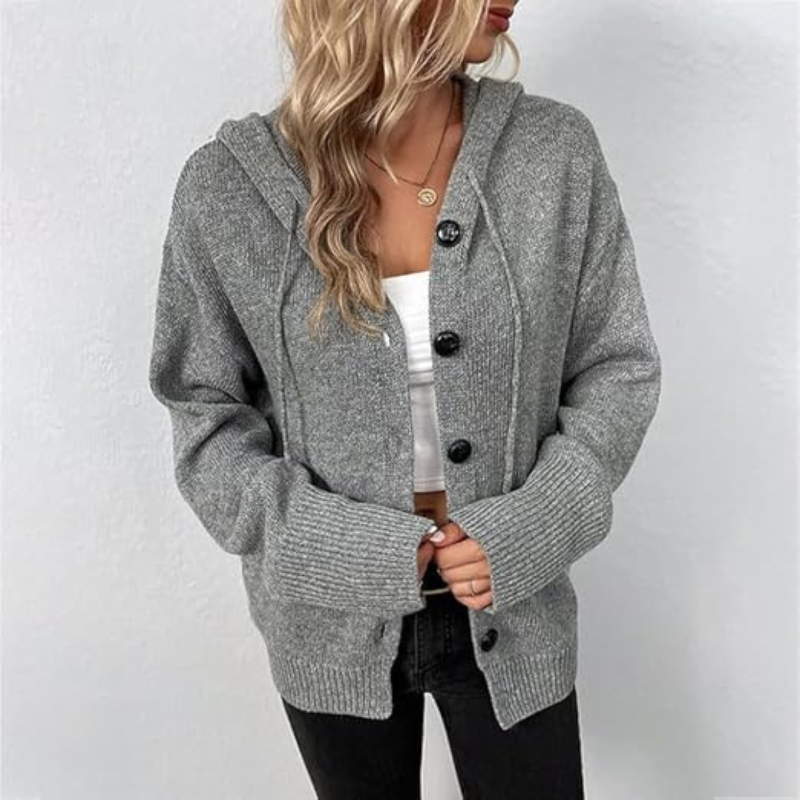 Lässiger Damen-Cardigan Mit Kapuze | Knopfverschluss