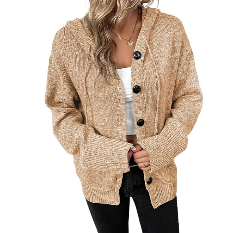 Lässiger Damen-Cardigan Mit Kapuze | Knopfverschluss