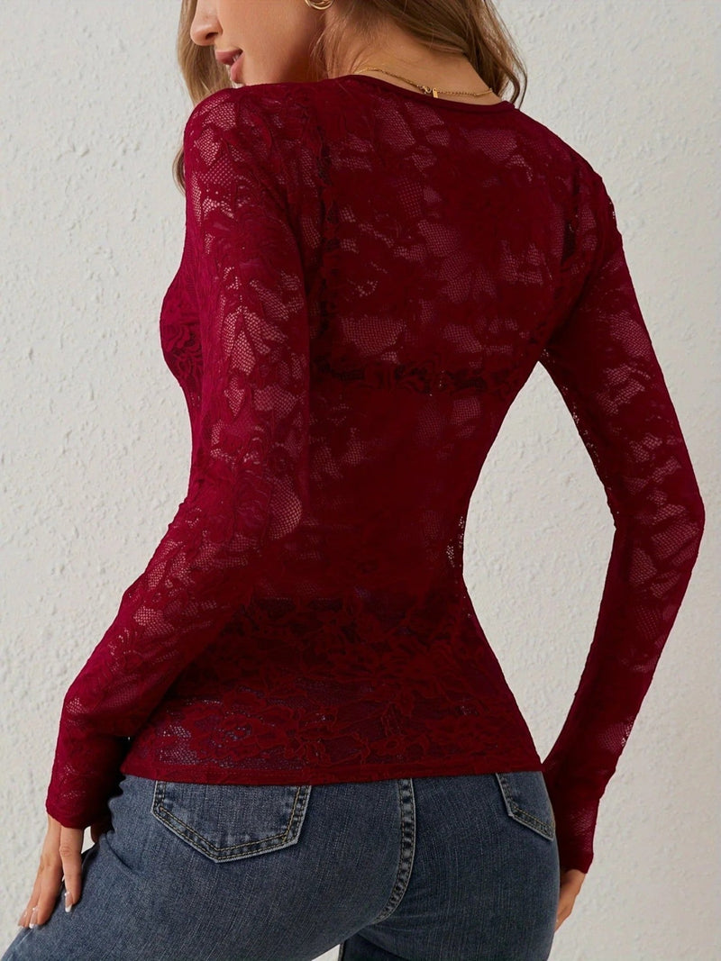 Florale Spitze V-ausschnitt Bluse Für Frauen | Langarm