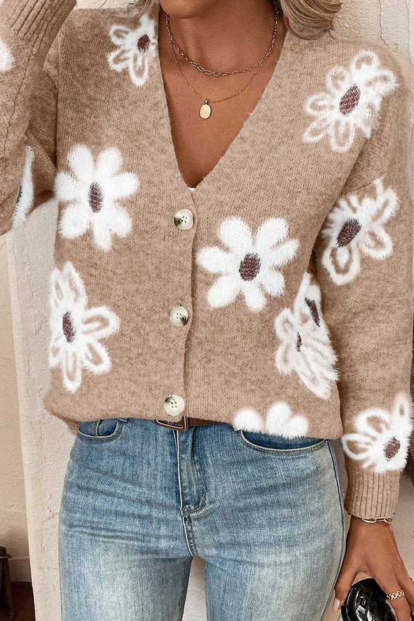 Damen-Strickjacke Mit V-Ausschnitt Und Blumen | Lange Ärmel