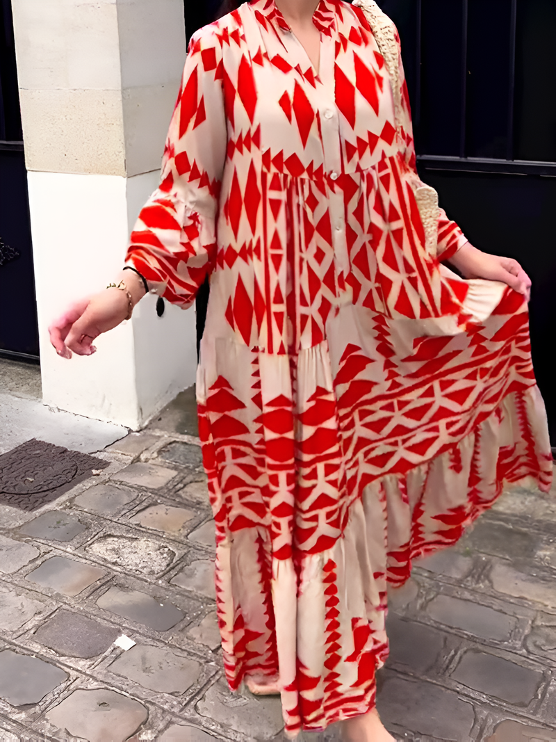 Valentina - Geometrisches Maxikleid mit Knopfleiste