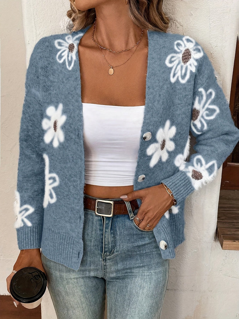 Damen-Strickjacke Mit V-Ausschnitt Und Blumen | Lange Ärmel