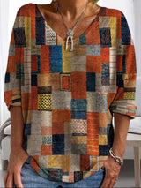Blockdruck V-ausschnitt Bluse Für Frauen | Oversize