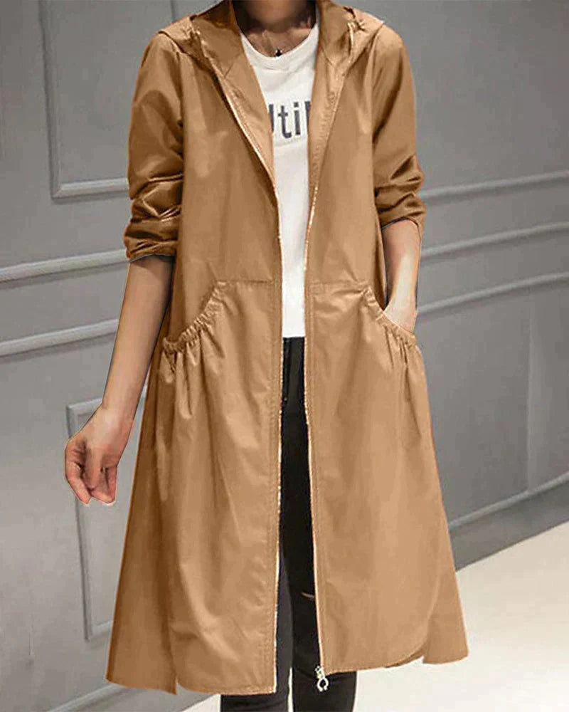 Lange Regenjacke Mit Reißverschluss Für Frauen | Kapuze