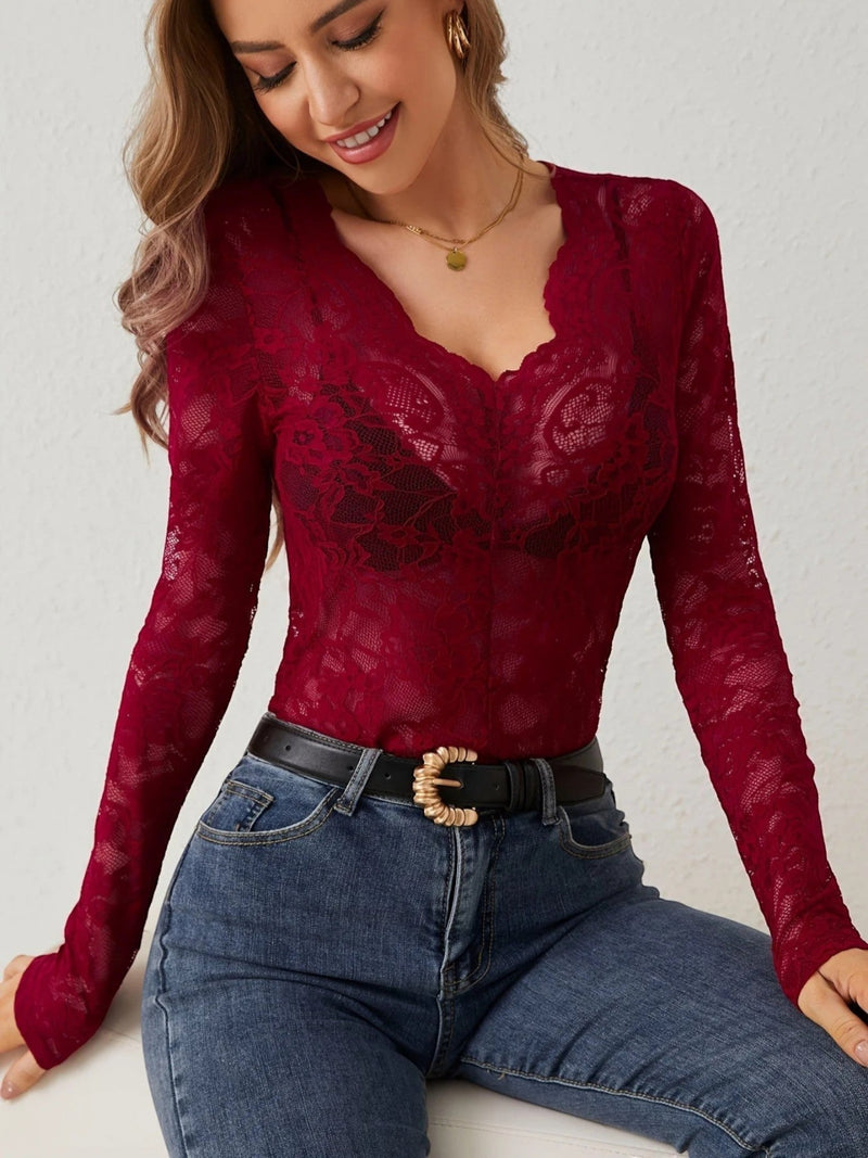 Florale Spitze V-ausschnitt Bluse Für Frauen | Langarm