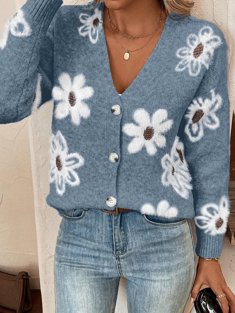 Damen-Strickjacke Mit V-Ausschnitt Und Blumen | Lange Ärmel
