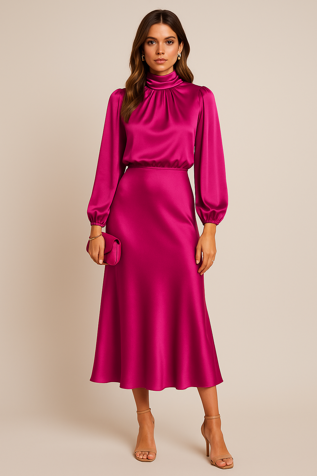 Kleid Hochzeitsgast Damen | Midikleid Mit Hohem Kragen
