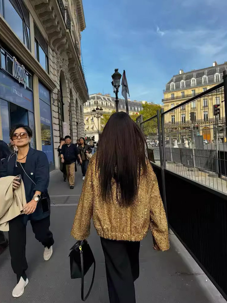 Lässige Bomberjacke Mit Goldenen Pailletten | Kurz